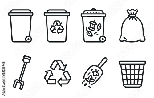 Silhouette waste management icon set featuring recycle bin, trash bag, shovel, recycling, and litter symbols