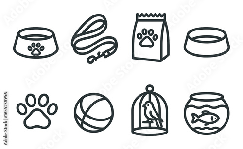 Silhouette pet care icon set featuring bowl, leash, food, paw, ball, birdcage, and fishbowl symbols