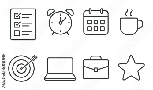 Silhouette productivity icon set featuring checklist, clock, calendar, coffee, target, laptop, briefcase, star