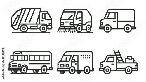 Linear vehicles icon set featuring garbage truck, street sweeper, van, bus, mail truck, and utility truck