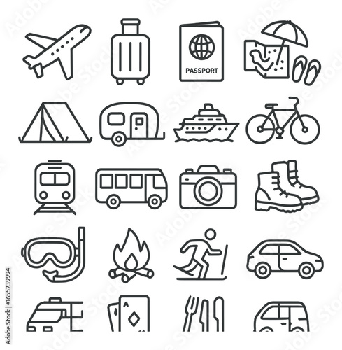 Linear travel icon set featuring airplane, passport, camera, suitcase, bike, caravan, and train symbols