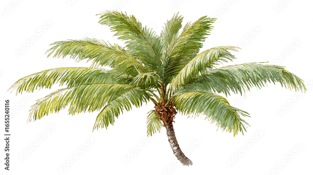 Fototapeta premium Single green palm tree illustration with botanical shading - isolated on transparent background 