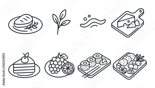 Silhouette food icons set featuring bread, herb, wave, cheese, cake, fruits, sushi, and platter symbols