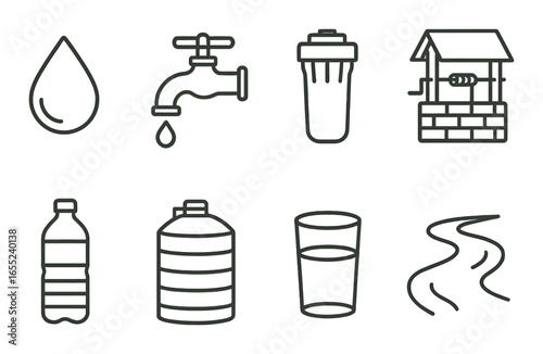 Linear water icon set featuring drop, faucet, filter, well, bottle, jug, glass, and river symbols