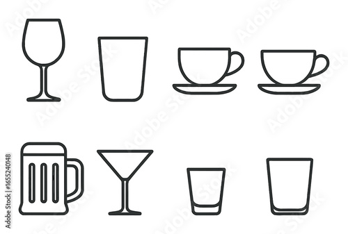 Linear drinkware icon set featuring wine glass, tumbler, teacup, coffee cup, beer mug, cocktail glass, shot glass, and rocks glass symbols