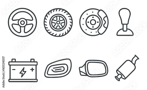 Silhouette auto parts icon set featuring steering wheel, tire, brake disc, gear shift, battery, mirror, muffler