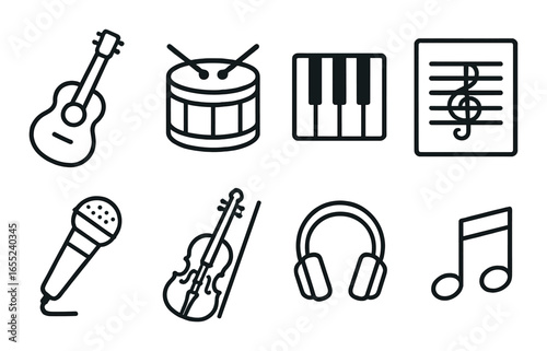 Silhouette music icon set featuring guitar, drums, piano, sheet music, microphone, violin, headphones, and note symbols