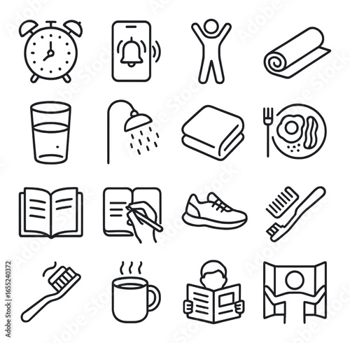 Linear morning routine icon set featuring alarm clock, wake up, exercise, breakfast, toilet, shower, reading, and coffee symbols