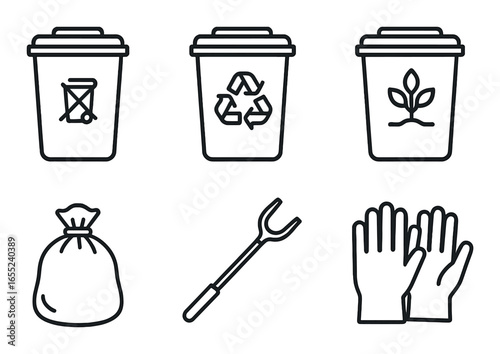 Silhouette waste management icon set featuring recycling bin, compost bin, trash bag, litter picker, gloves