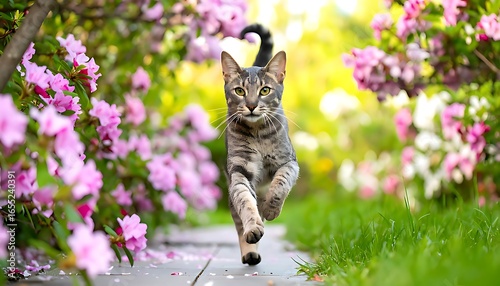 Grey tabby cat running through a garden of pink flowers.
