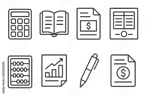 Linear finance icon set featuring calculator, book, invoice, chart, pen, and abacus