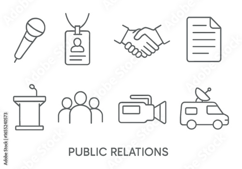 Linear public relations icon set featuring microphone, badge, handshake, document, podium, group, camera, van