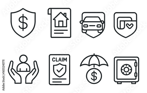 Linear finance icon set featuring security, documents, vehicle, care, people, claim, savings, and safe symbols