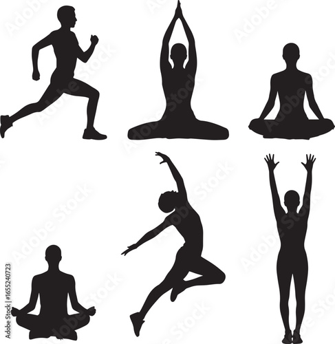 Silhouettes of people in various yoga and running poses meditation