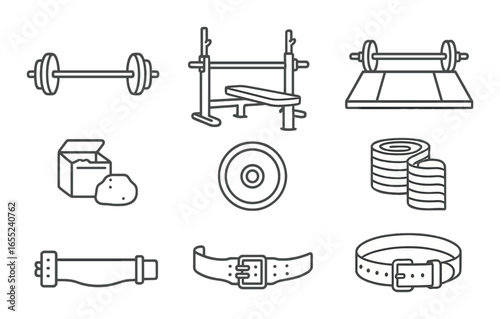 Linear gym icon set featuring barbell, bench press, weights, mat, resistance band, belt, and dumbbell icons