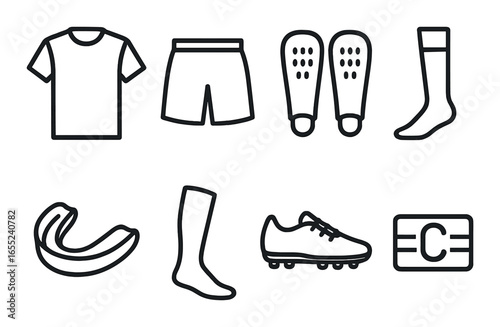 Silhouette sports icon set featuring shirt, shorts, shin guards, socks, mouthguard, shoe, captain's band