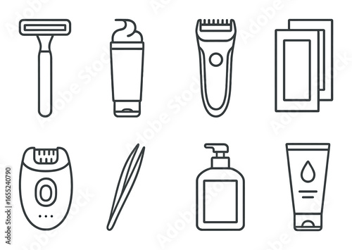 Linear grooming icon set featuring razor, shaving cream, clipper, mirror, epilator, tweezers, soap, lotion