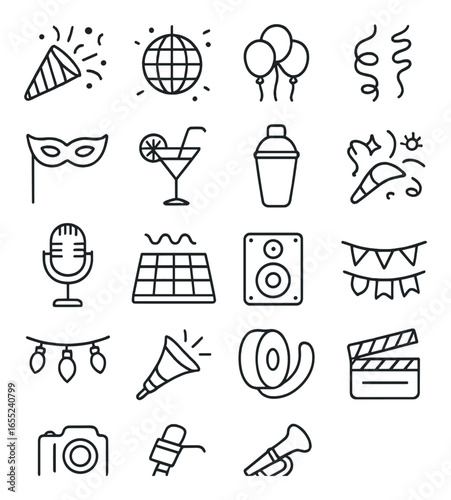 Silhouette party icon set featuring mask, microphone, cocktail, speaker, balloons, and confetti symbols