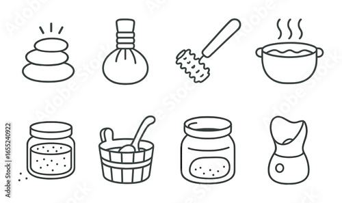 Silhouette spa icon set featuring stones, herbal bag, honey dipper, pot, scrubs, bucket, and facial steamer