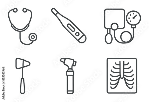 Silhouette medical icon set featuring stethoscope, thermometer, sphygmomanometer, reflex hammer, otoscope, x-ray