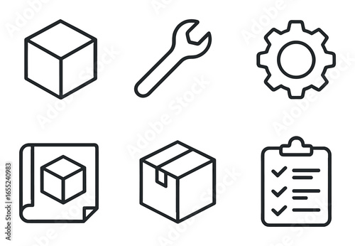 Silhouette engineering icon set featuring cube, wrench, gear, blueprint, box, checklist symbols