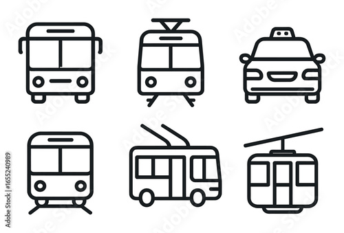 Silhouette transport icon set featuring bus, tram, taxi, trolleybus, and cable car symbols