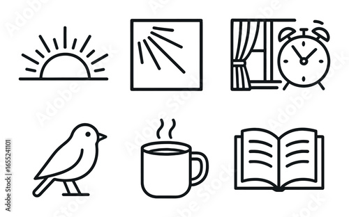 Silhouette morning routine icon set featuring sunrise, alarm clock, coffee, bird, book, and window symbols