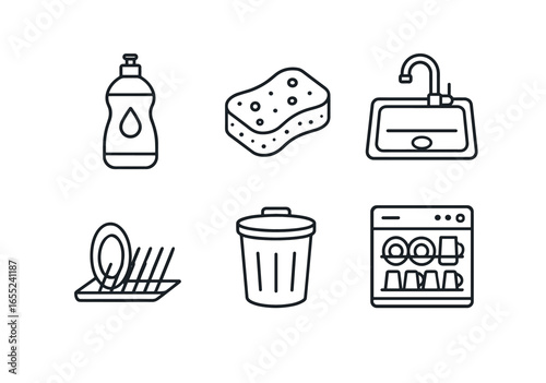 Linear kitchen cleaning icon set with detergent, sponge, sink, dish rack, trash bin, dishwasher symbols