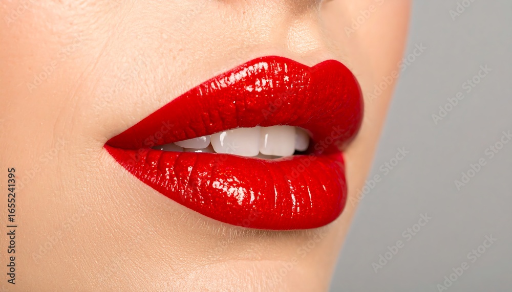 Obraz premium Close-up of a woman's lips with vibrant, glossy red lipstick, showcasing a beautiful smile.