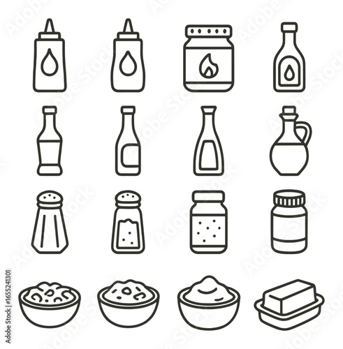 Linear food icon set featuring sauces, jars, bowls, salt, spices, oil, and butter symbols