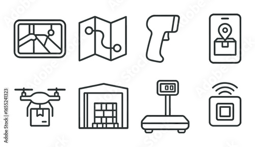 Silhouette logistics icon set featuring map, navigation, barcode scanner, location, drone, warehouse, scale, nfc