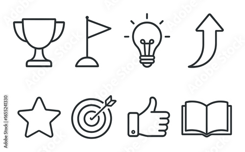 Linear business icon set featuring trophy, flag, lightbulb, arrow, star, target, thumbs up, and book symbols