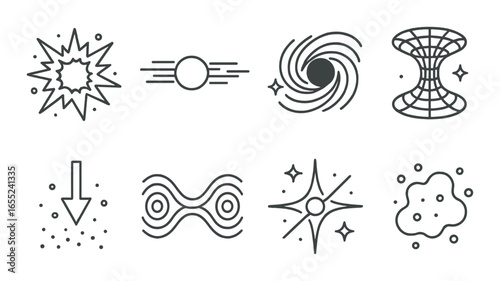 Linear space icon set featuring supernova, wormhole, black hole, quasar, particle, and nebula symbols