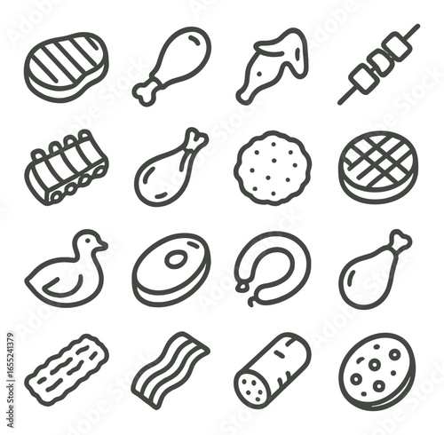 Linear meat icon set featuring steak, drumstick, sausage, skewer, bacon, and duck symbols