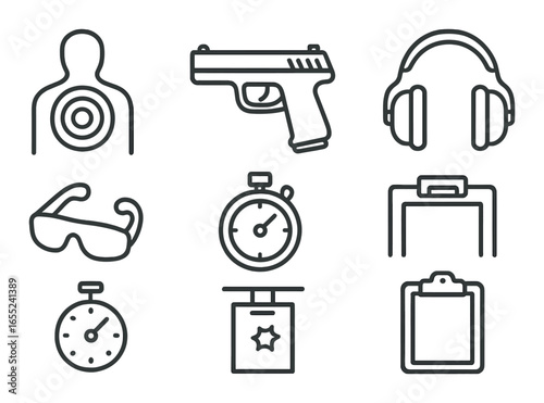 Linear shooting range icon set featuring target, gun, headphones, goggles, stopwatch, badge, clipboard