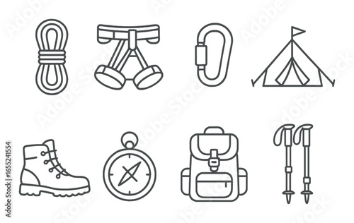 Silhouette camping icon set featuring rope, harness, carabiner, tent, boot, compass, backpack, and trekking poles