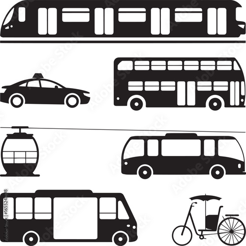 Subway bus taxi cablecar rickshaw transport vehicles train double