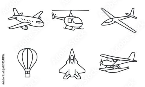 Silhouette transportation icon set featuring airplane, helicopter, jet, balloon, seaplane, and glider symbols