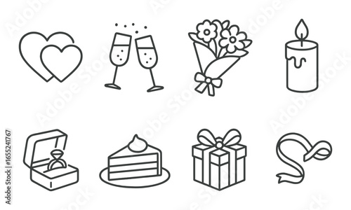 Silhouette romance icon set featuring hearts, champagne, flowers, candle, ring, cake, gift, and ribbon