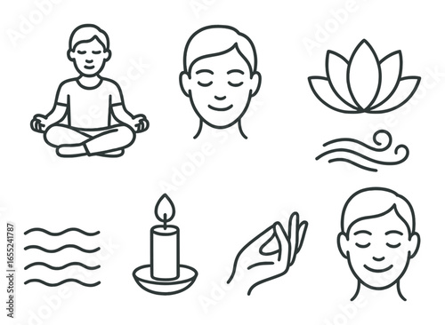 Linear meditation icon set featuring lotus, candle, mindfulness, relaxation, breathing, and zen symbols