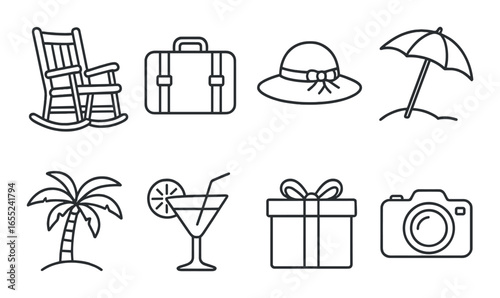 Silhouette vacation icon set featuring rocking chair, suitcase, hat, umbrella, palm, cocktail, gift, and camera symbols