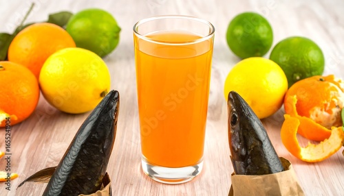 A glass of citrus juice sits beside two whole, dark-colored fish wrapped in brown paper, on a light-colored wooden surface, showcasing a vibrant and healthy food arrangement.