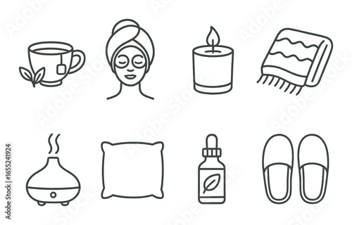 Linear spa icon set featuring tea, face mask, candle, towel, diffuser, pillow, oil, and slippers