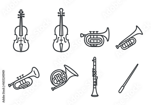 Silhouette music icon set featuring violin, trumpet, clarinet, horn, and conductor's baton icons