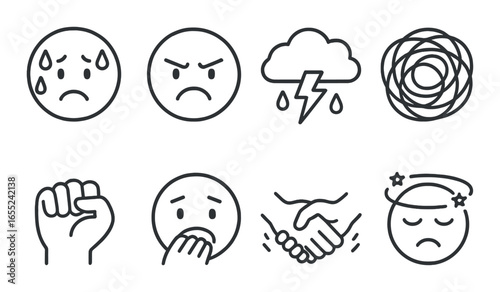 Silhouette emotions icon set featuring sad, angry, stormy, confused, fist, anxious, handshake, dizzy symbols