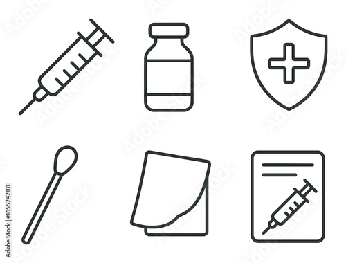 Silhouette medical icons set featuring syringe, vial, shield, swab, cloth, and document symbols