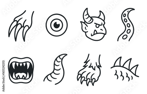 Silhouette monster icon set featuring claw, eye, horned head, tentacle, mouth, tail, paw, fin symbols
