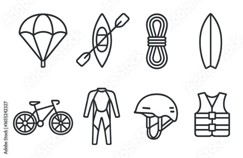 Silhouette adventure sports icons set featuring parachute, kayak, rope, surfboard, bike, suit, helmet, vest