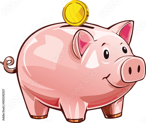 Piggy Bank Vector with Golden Coin and Slot