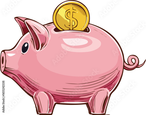 Piggy Bank Vector with Golden Coin and Slot